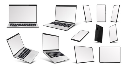 Realistic gadgets. Laptop, tablet PC and mobile phone devices mockup, 3D digital gadgets with blank screen in isometric perspective. Vector illustration mobile device at different angles