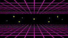 Retro Cyberpunk Style 80s Game Scene Pixel Art 8-bit Sci-fi Background. Futuristic With Laser Grid Landscape. Digital Cyber Surface Style Of The 1980`s. 3D Illustration