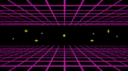 Wall Mural - retro cyberpunk style 80s game scene pixel art 8-bit sci-fi background. futuristic with laser grid l