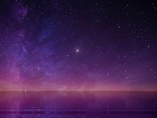 Wall Mural - full moon on night starry sky at sea lilac pink sunset sky stars summer sea dark blue water reflecti