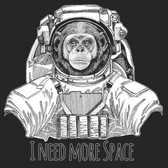 Chimpanzee, portrait. Wild animal wearing space suit. Monkey face. Ape head.