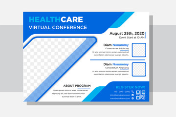 Wall Mural - virtual conference of medical treatment flyer vector template with blue element design and white bac