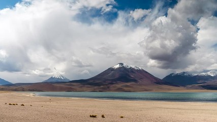 Wall Mural - Time lapse view of volcanic landscape at Laguna Miscanti, a remote high altitude lake located in the Atacama Desert in northern Chile, South America - dolly right.