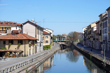 Italy , Milan -  Navigli Canals ( Alzania Naviglio Pavese ) Downtown of the city empty of people during n-cov19 Coronavirus outbreak epidemic quarantine home 