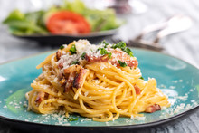 Spaghetti Carbonara On A Blue Plate