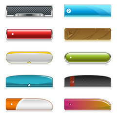 Vector set of editable website buttons in different styles and colors (rectangular, metallic, chrome, blue, red, wood, white, glossy, green, blue, industrial, two tone, gradient, rounded).