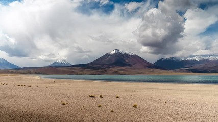 Wall Mural - Zoom out time lapse view of volcanic landscape at Laguna Miscanti, a remote high altitude lake located in the Atacama Desert in northern Chile, South America.