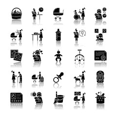 Sticker - Babysitter service drop shadow black glyph icons set. Child care. Help with kids. Full time nanny for newborn. Motherhood and parenthood. Isolated vector illustrations on white space