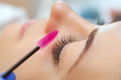 © Dimid - Eyelash extension procedure close up. Beautiful woman with long eyelashes in a beauty salon. Makeup concept