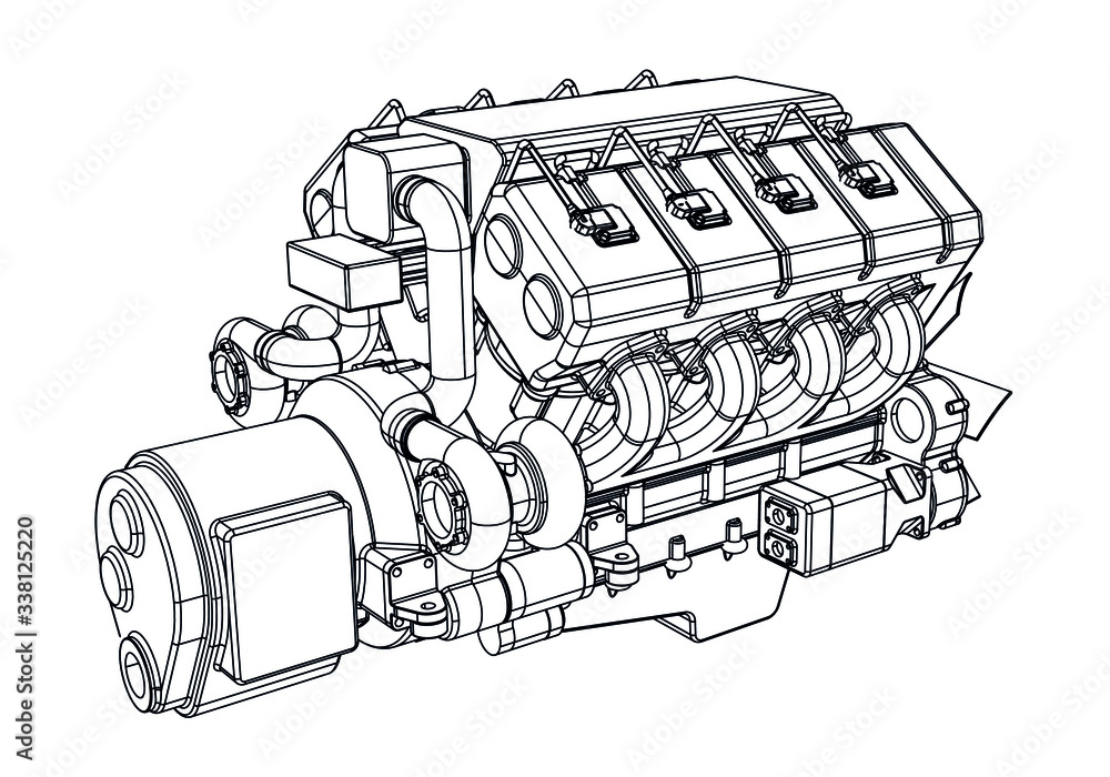 Engine Design Geometry Vector illustration of a geometric polygonal V8 engine. Linear engine ...