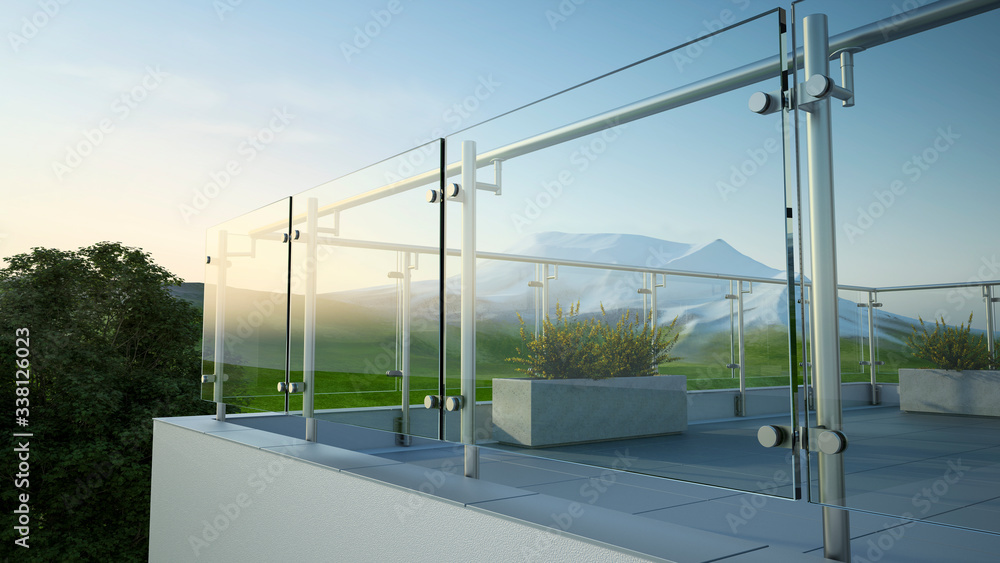 Modern stainless steel railing with glass panel and landscape mountain, 3D illustration
 - obrazy, fototapety, plakaty 