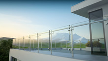 Modern Stainless Steel Railing With Glass Panel And Landscape Mountain, 3D Illustration
