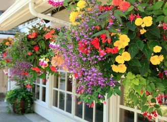 Blooming flowers amazing complex baskets hanging pots near small luxury lodge exterior. 