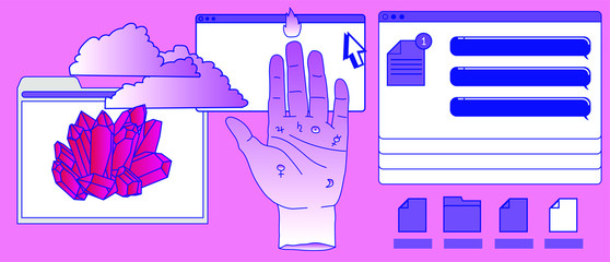 Surreal style collage with hand and user interface elements, frames, file icons. Transgressive conceptual modern art.