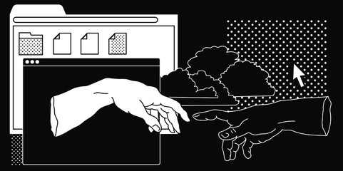Aufkleber - Surreal vaporwave style collage with two hands going to touch together and user interface elements, frames, file icons and windows.