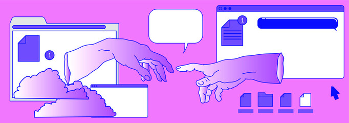 Aufkleber - Surreal vaporwave style collage with two hands going to touch together and user interface elements, frames, file icons and windows.