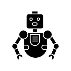 Wall Mural - Robot black glyph icon. Innovative technology. Artificial intelligence. Futuristic children toy. Cute cyborg mascot. Humanoid machine. Silhouette symbol on white space. Vector isolated illustration