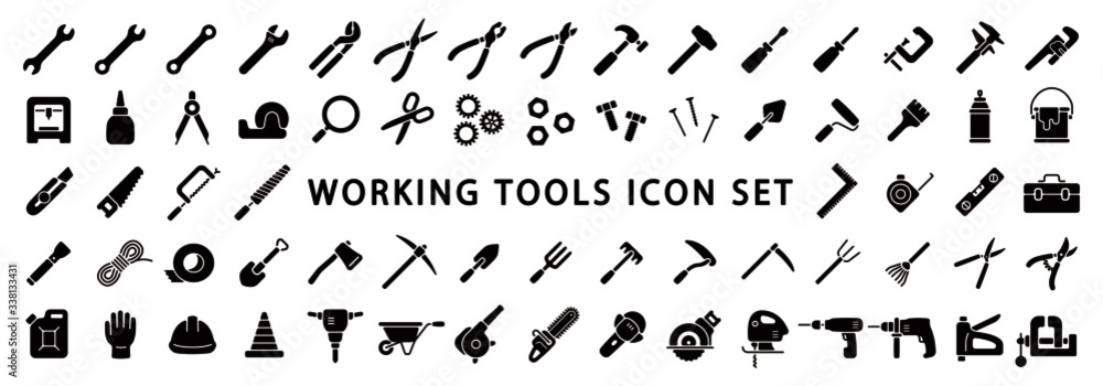 Big Set of Working Tools Icon (Flat Silhouette Version) - obrazy, fototapety, plakaty 