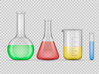 Laboratory transparent glassware instrumentsMedical glass tube set isolated on transparent background. Vector illustration.