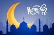 Ramadan Kareem islamic design crescent moon and domes of mosques silhouettes with arabic pattern and calligraphy. Ramadan Mubarak