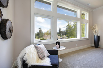 Wall Mural - Cozy bedroom interior design with a view. Luxury American modern home.