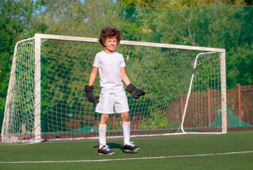 Wall Mural - Summer soccer tournament for young kids. football club. emotions and joy of the game. Young goalie. Kids - soccer champion. Boy goalkeeper in football sportswear on stadium with ball. Sport concept.