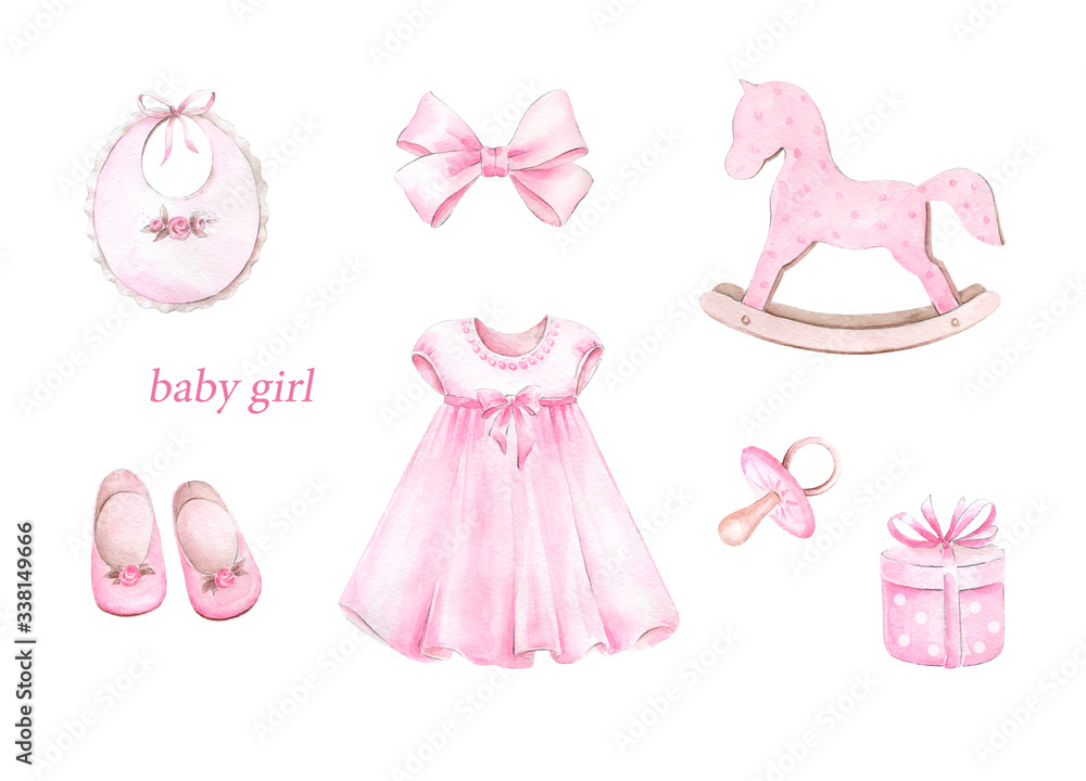 Newborn Baby Girl clipart set..Watercolor hand drawn illustrations with ...