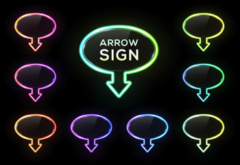 Wall Mural - colorful oval neon lights banner design set. glowing electric illuminated arrow signs with glass tex
