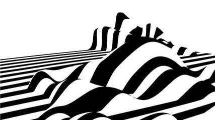 Wall Mural - Optical illusion wave. Abstract 3d black and white illusions. Horizontal lines stripes pattern or background with wavy distortion effect. Vector illustration.