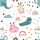 Tropical rainbow Africa. Seamless pattern with cute animals faces. Childish print for nursery in a Scandinavian style. For baby clothes, packaging. Vector cartoon illustration in pastel colors.
