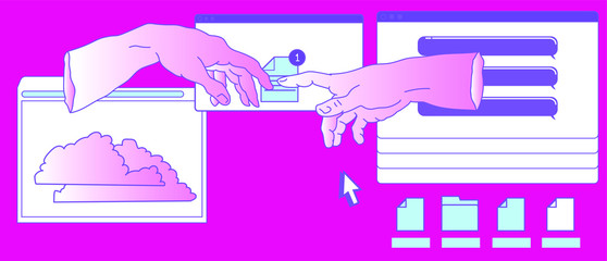 Aufkleber - Surreal vaporwave style collage with two hands going to touch together and user interface elements, frames, file icons and windows.