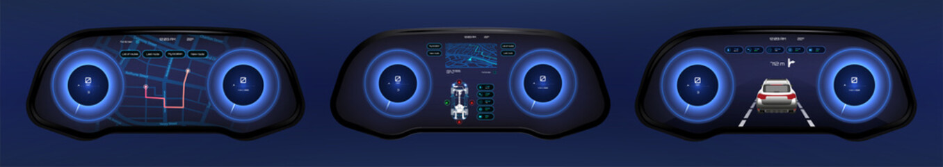 Wall Mural - automobile dashboard, with speedometers and tachometers, gps navigation, machine sensors and 3d prot