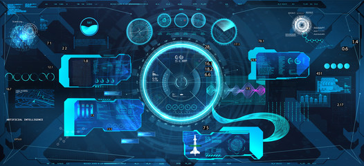 Wall Mural - VR Head-up display with futuristic design. Virtual simulation for sky-fi helmet in HUD style. Futuristic User Interface Cockpit dashboard Spacecraft panel. Virtual graphic touch. Vector VR, GUI, HUD