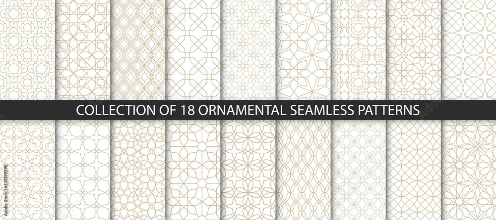 Big set of vector ornamental seamless patterns. Collection of geometric patterns in the oriental style. Patterns added to the swatch panel. - obrazy, fototapety, plakaty 