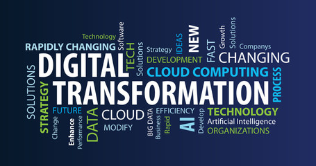 Wall Mural - digital transformation word cloud on a blue background