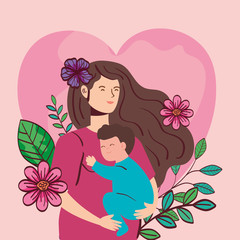 Poster - woman pregnant carrying baby boy with flowers decoration vector illustration design