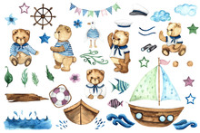 Little Sailor. Watercolor Hand Painted Elements With Cute Teddy Bears, Boat, Sailboat, Steering Wheel, Anchor, Seagull, Binoculars, Fishes, Captain's Cap, Waves, Spray
