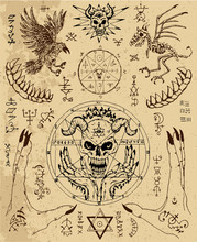 Vector Design Set With Magic Seals, Demon Face, Hands, Crow And Skeleton. Esoteric And Occult Illustration With Mystic And Gothic Symbols. No Foreign Language, All Elements Are Fantasy.