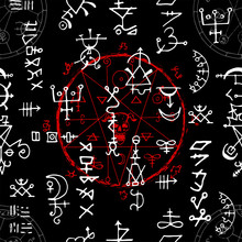 Seamless Pattern With Red Magic Seal And Alchemy Signs On Black Background. Esoteric And Occult Illustration With Mystic And Gothic Symbols. No Foreign Language, All Elements Are Fantasy.