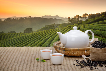 Wall Mural - Warm cup of tea with teapot, green tea leaves and dried herbs on the bamboo mat at morning in plantations background with empty space, Organic product from the nature for healthy with traditional