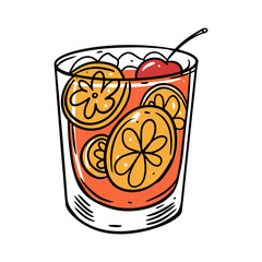 Wall Mural - Orange, ice cube and cherry cocktail. Summer drink. Flat style. Colorful cartoon vector illustration. Isolated on white background.