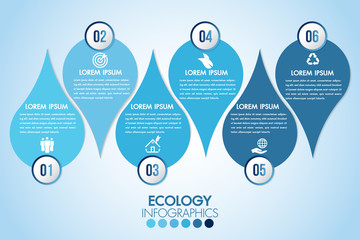 Wall Mural - infographic eco water blue design elements process 6 steps or options parts with drop of water. ecol