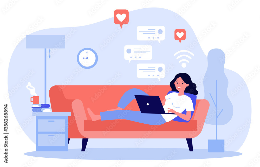 Beautiful woman relaxing at sofa with laptop computer flat vector illustration. Young girl staying at home and chatting with friends via digital device. Digital technology and entertainment concept. - obrazy, fototapety, plakaty 