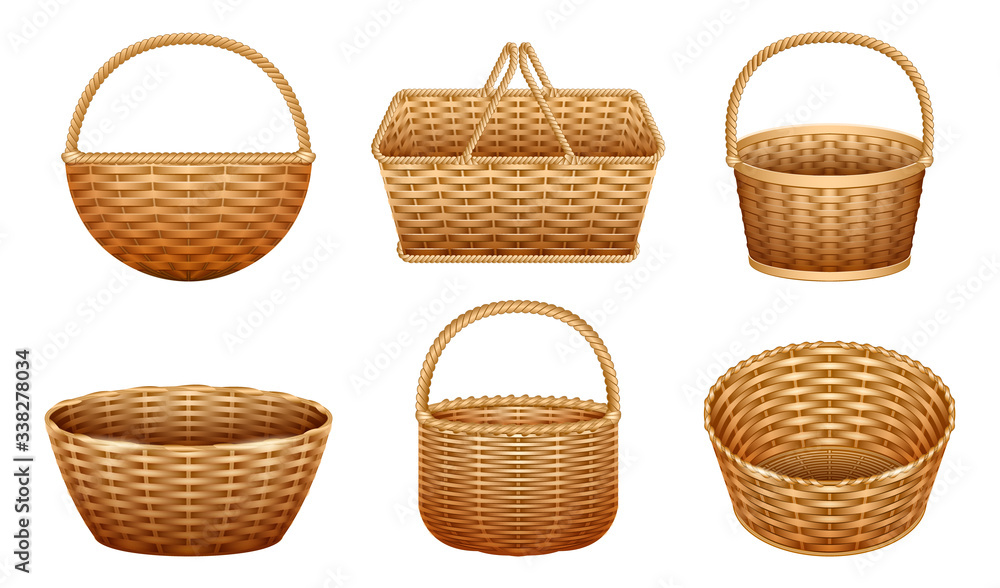 Wicker basket vector realistic set icon. Vector illustration basketry on white background. Isolated realistic set icon wicker basket . - obrazy, fototapety, plakaty 