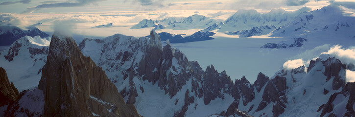 Wall Mural - Panoramic aerial view at 3400 meters of Mount Fitzroy, Cerro Torre Range and Andes Mountains, Patagonia, Argentina