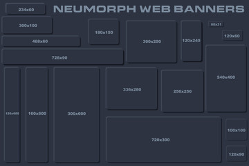 Wall Mural - Standard Size Neumorphic UI Web Banners Templates. Dark set Skeuomorph Trend Design. Editable Vector Elements.