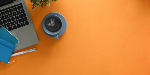 top view image of computer laptop putting on colorful working desk surrounded by coffee cup, note, p