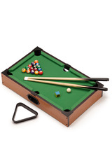 Subject shot of mini-billiard on the white backdrop. The pool set includes two billiard-cues, a chalk, plastic triangle, a green board and colored game balls. 