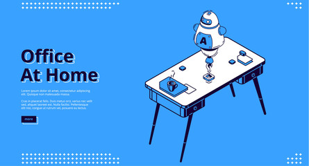 Wall Mural - Office at home isometric landing page. Ai robot on workplace with computer table and coffee cup, working place desk for businessman, analyst, freelancer, 3d vector illustration, line art web banner