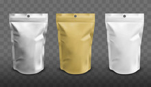Foil Pouch With Zipper, Doypack For Food. Blank Stand Up Plastic Bags. Vector Realistic Mockup Of White, Silver And Gold Colored Flex Package With Zip Lock Isolated On Transparent Background